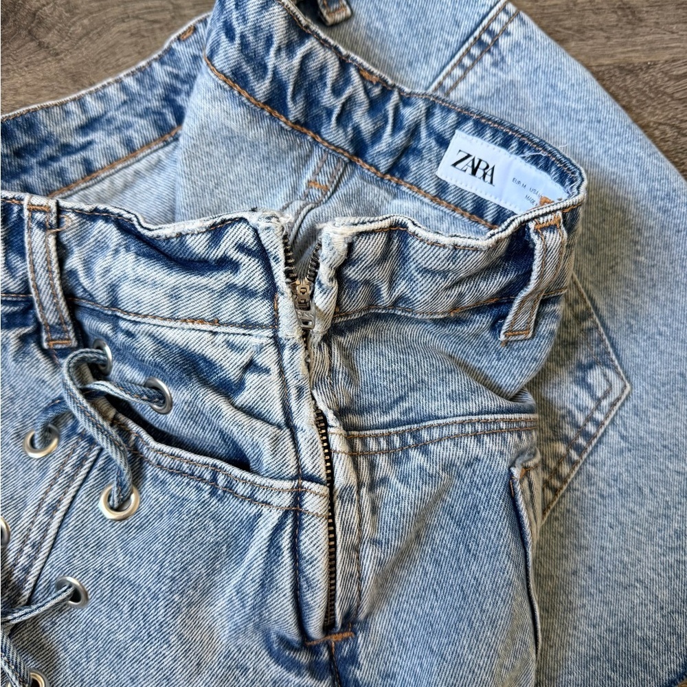 Zara Light Blue Denim Mini Skirt with Side Lace-Up - Picture 6 of 6